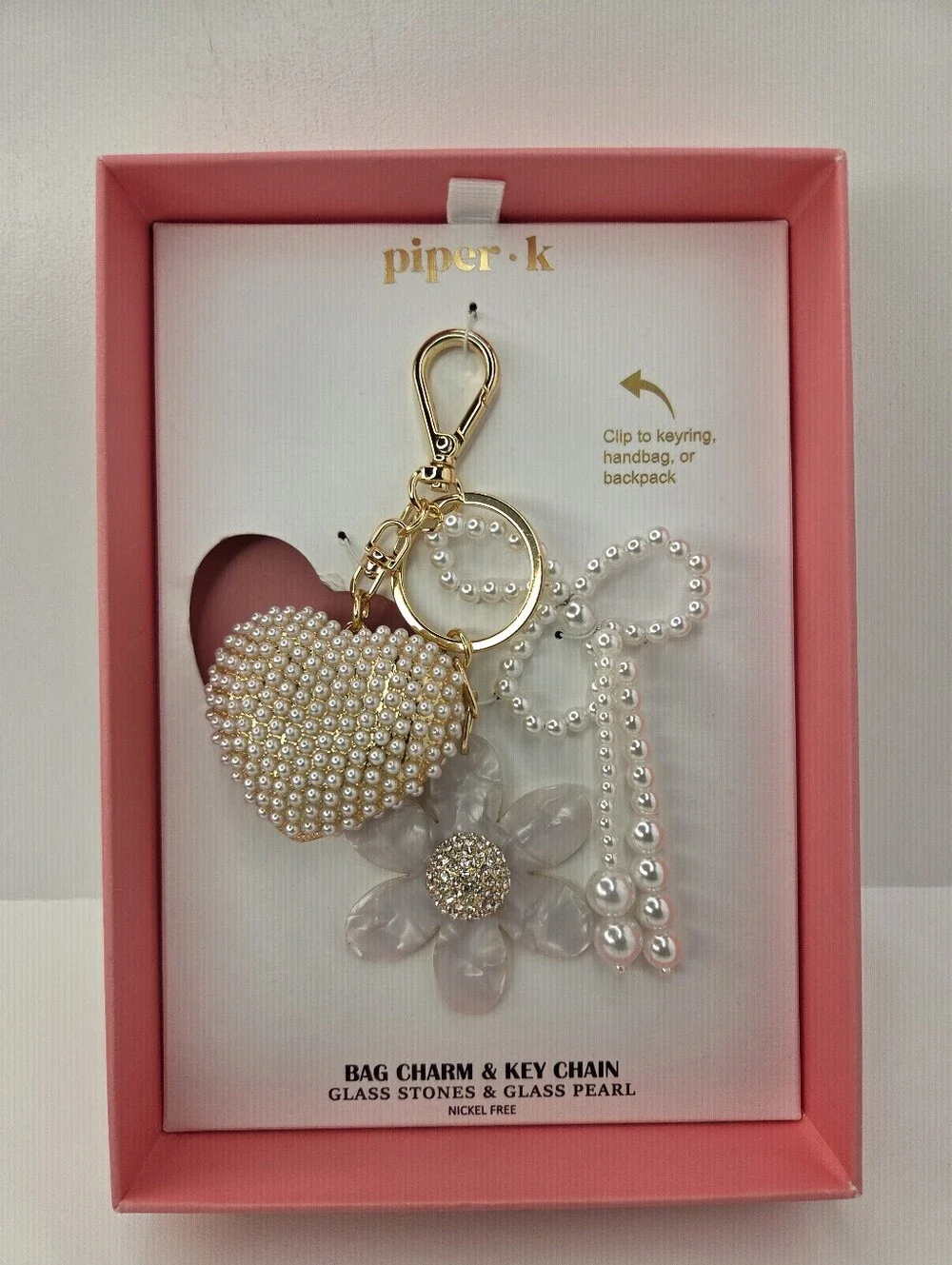 🤍▪️piper K ▪️ Uk Exclusive Gold-Tone Pearl Heart & Clear Flower Keychain